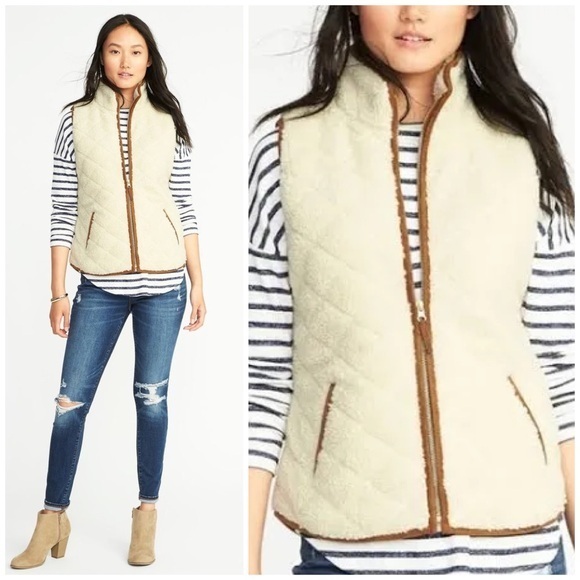 Old Navy Cream / Brown Trim Full Zip Quilted Sherpa Vest with Pockets Size Large - Picture 1 of 16